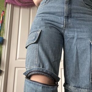 Empyre Blue cargo pants with zippers making the pants shorts or pants